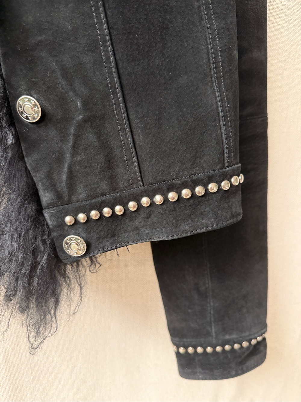 bebe Black Suede Leather Jacket with Faux Fur Trim - Picture 2 of 5